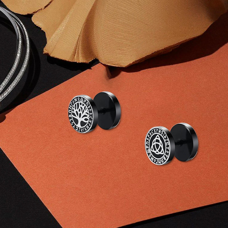 Gothic Norse Viking Runes Stud Earrings for Men Boys Rock Punk Stainless Steel Wolf Head Compass Celtic Knot Black Earrings