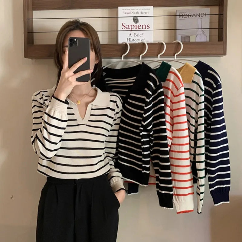 Spring Autumn Contrast Color Fashion Long Sleeve Sweater Women High Street Striped All-match Pullovers Female Casual Elegant Top