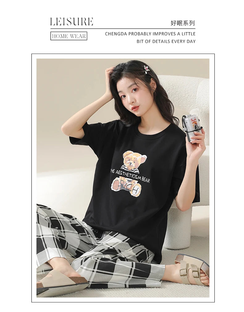 Big Size 5XL Pajama Sets Short Sleeved Cartoon Bear Knitted Pjs Plaid Sleepwear Elegant Women's Pajamas Lounge Home Pijama Mujer