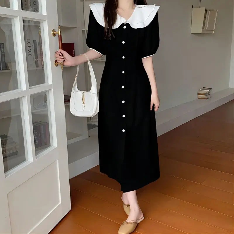 CGC Vintage Doll Collar Lolita Dress For Women 2023 Preppy Style Summer Black Long Dresses Korean Style Elegant Party Dresses