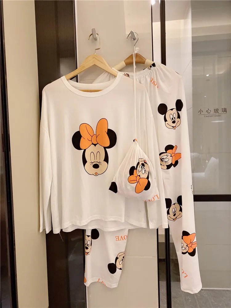 Pijama nuevo de Disney Donald Duck para mujer, conjunto de dos piezas de pantalones de manga larga de algodón de otoño, pijama de seda, conjunto de ropa de estar por casa para mujer