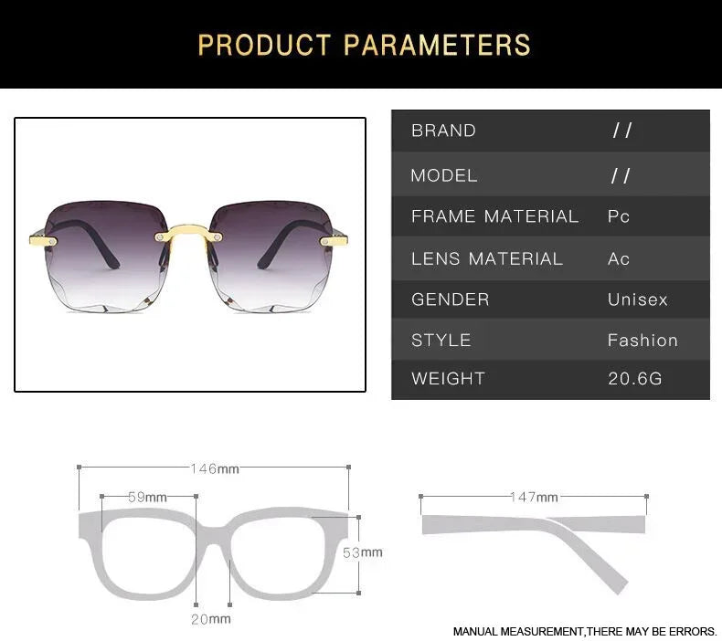 Gafas de sol cuadradas de montura grande sin montura con protección UV, gafas de sol de moda con degradado de dos colores, 2024, nuevas lentes de sol para mujer