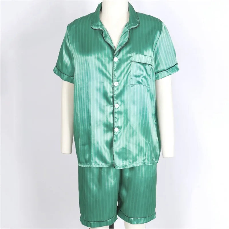 Pajama Set Women's Striped Silky Satin Pajamas Short Sleeve Top with Shorts Sleepwear PJ Set Underwear 2023 New S-3XL