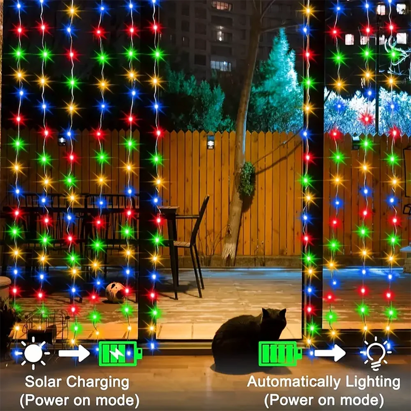 Guirnalda de luces solares para cortina, 300 LED, 3 x 3 m, impermeable, para decoración de jardín, para exteriores, 8 modos de iluminación, iluminación navideña