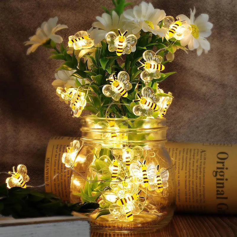 20 luces de hadas de abejas con USB, funciona con pilas, cadena de luces decorativas para dormitorio, plantas, patios, fiestas, bodas y Navidad