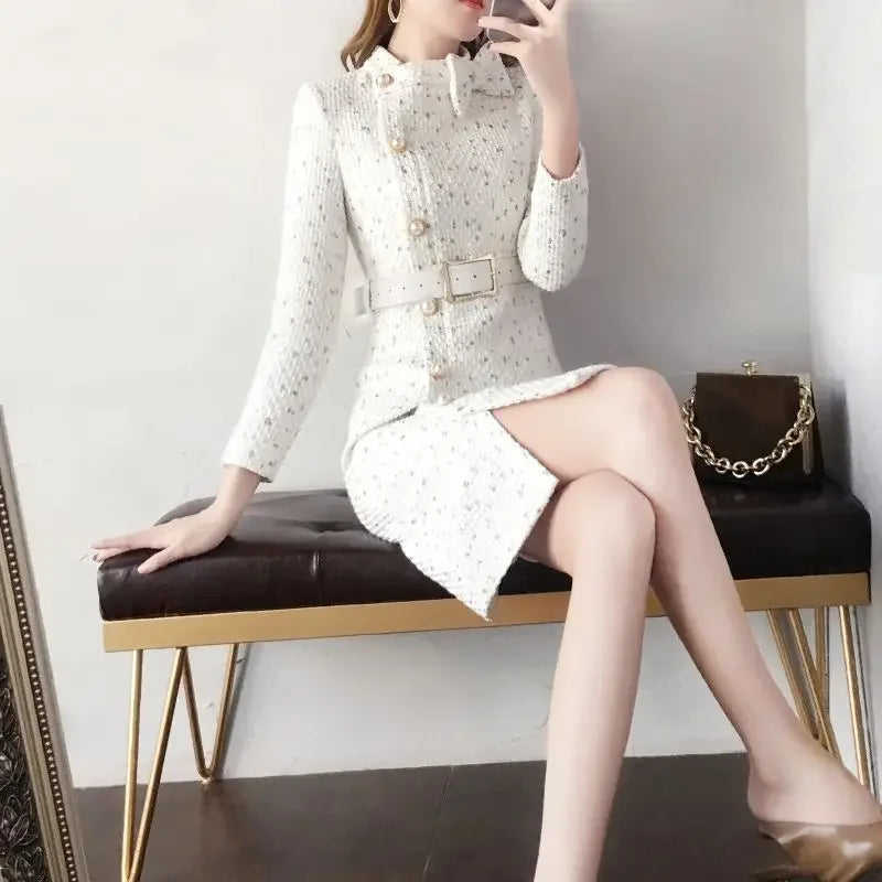 Women Autumn Winter Korean New O-Neck Woolen Dress Fashion Button Bow Long Dress Casual Waist Closing Long Sleeve A-line Dress