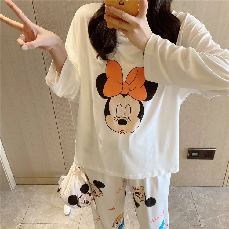 Pijama nuevo de Disney Donald Duck para mujer, conjunto de dos piezas de pantalones de manga larga de algodón de otoño, pijama de seda, conjunto de ropa de estar por casa para mujer