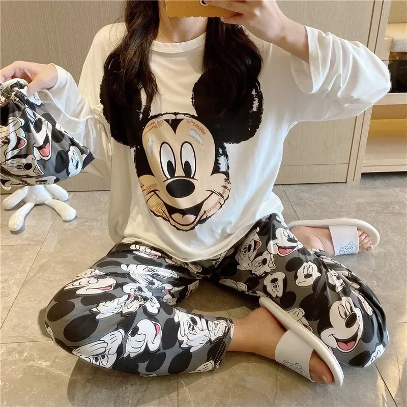 Pijama nuevo de Disney Donald Duck para mujer, conjunto de dos piezas de pantalones de manga larga de algodón de otoño, pijama de seda, conjunto de ropa de estar por casa para mujer