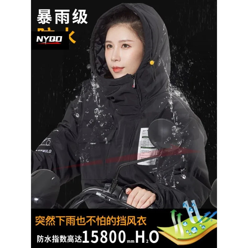 Motorcycle windbreaker split leg straddle ride warm ski suit thickened winter jacket electric bicycle riding suit 오토바이 방한복