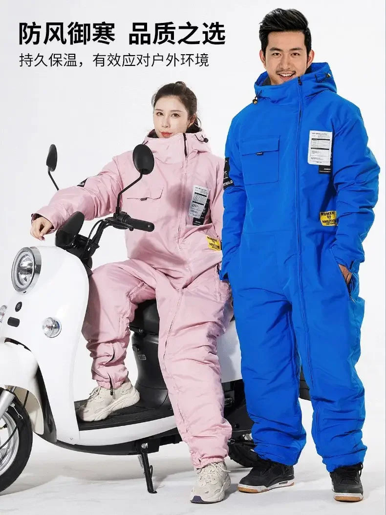 Motorcycle windbreaker split leg straddle ride warm ski suit thickened winter jacket electric bicycle riding suit 오토바이 방한복