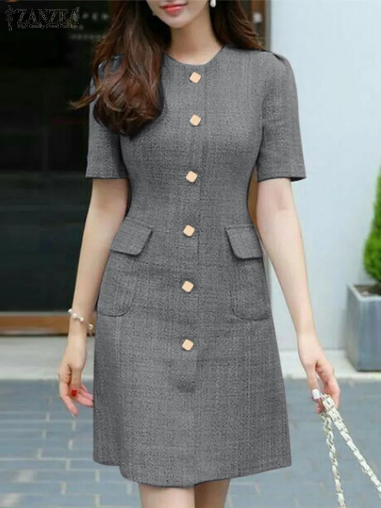 2024 ZANZEA Elegant Women Dress Stylish Buttons Down OL Work Vestido Robe Chic Korean Fashion Summer Short Sleeve Slim Sundress