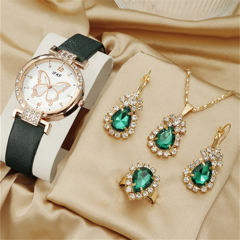 New Korean Fashion Simple Belt Quartz Watch Women's Edition+Jewelry Three Piece Set