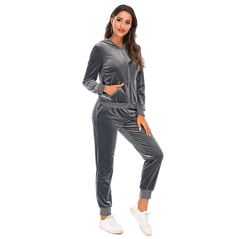 Conjunto de chándal de terciopelo para mujer, sudadera y pantalón de chándal de 2 piezas, sudadera con capucha y cremallera completa, chándal con bolsillos, ropa deportiva informal de otoño