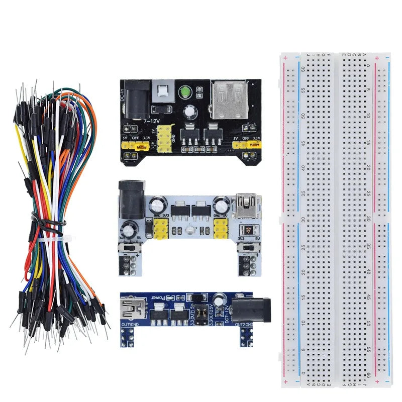 Módulo de alimentación de placa de pruebas MB102 de 3,3 V/5 V + 65 cables puente + prototipo de placa de pruebas MB-102 de 830 puntos para kit Arduino