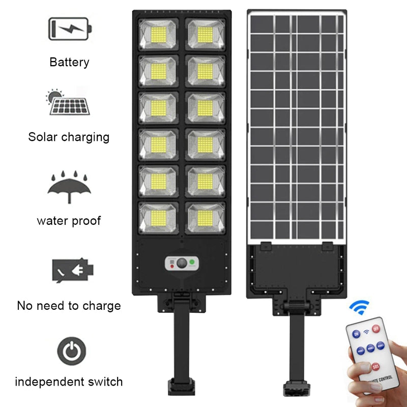 Luces solares potentes para exteriores de 12 cabezales, 504 LED, 3 modos, lámparas de panel solar, control remoto, lámpara de calle para jardín a prueba de agua