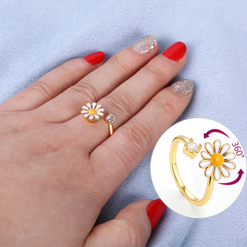 Fidget Anti Stress Anxiety Rings for Women Stainless Steel Gold-plated Rotatable Sun Star Evil Eye Sunflower Spinner Rings