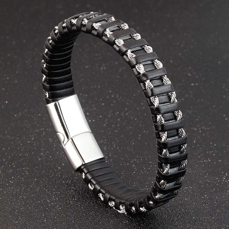 Braided Rope Woven Black Leather Men Bracelets Punk Style Stainless Steel Bangle for Friend Charm Fashion Jewelry Gifts