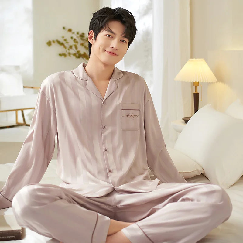 Men Silk Satin Nightwear Suit Spring Autumn Striped Long Sleeve Pajamas Casual Cardigan Homewear Big Yards M-3XL Pijamas Hombre