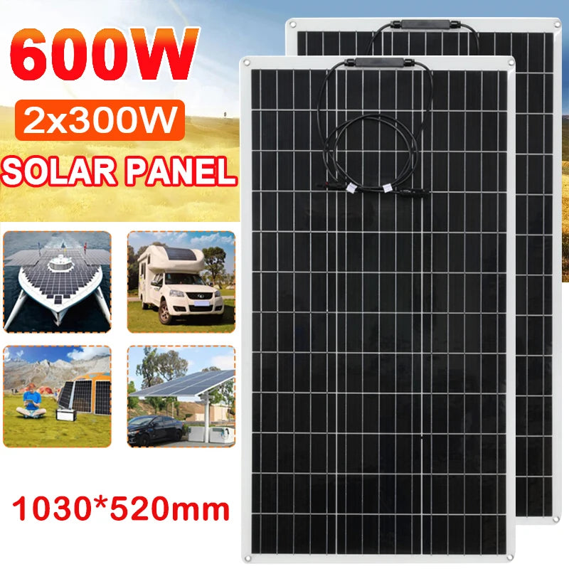 Panel solar flexible de 600 W y 300 W para kit de cargador de batería de celda solar de 12 V, sistema fotovoltaico para automóviles, barcos, autocaravanas y furgonetas