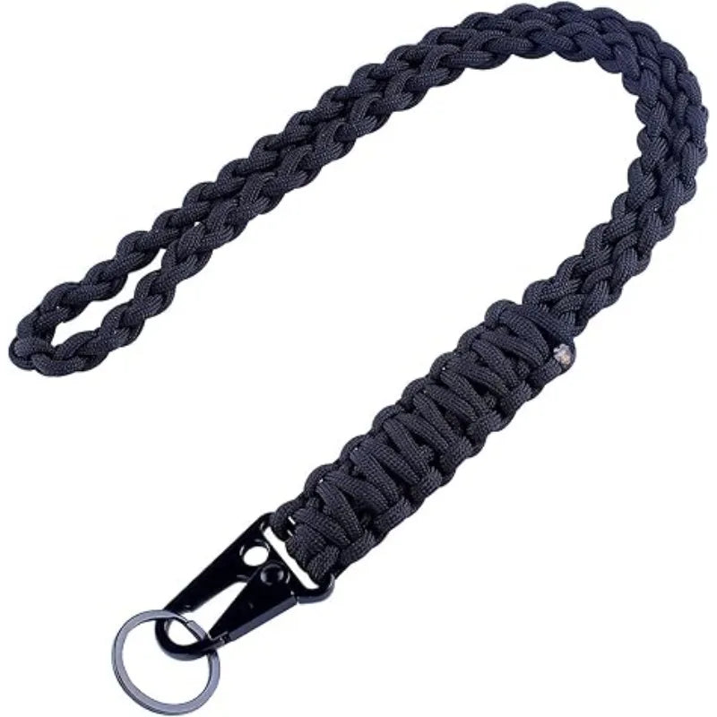 Parachute Cord DIY Braided Belt Black Steel Buckle Mobile Phone Lanyard for Camping Bike Riding Field Outdoor Survival Keychain