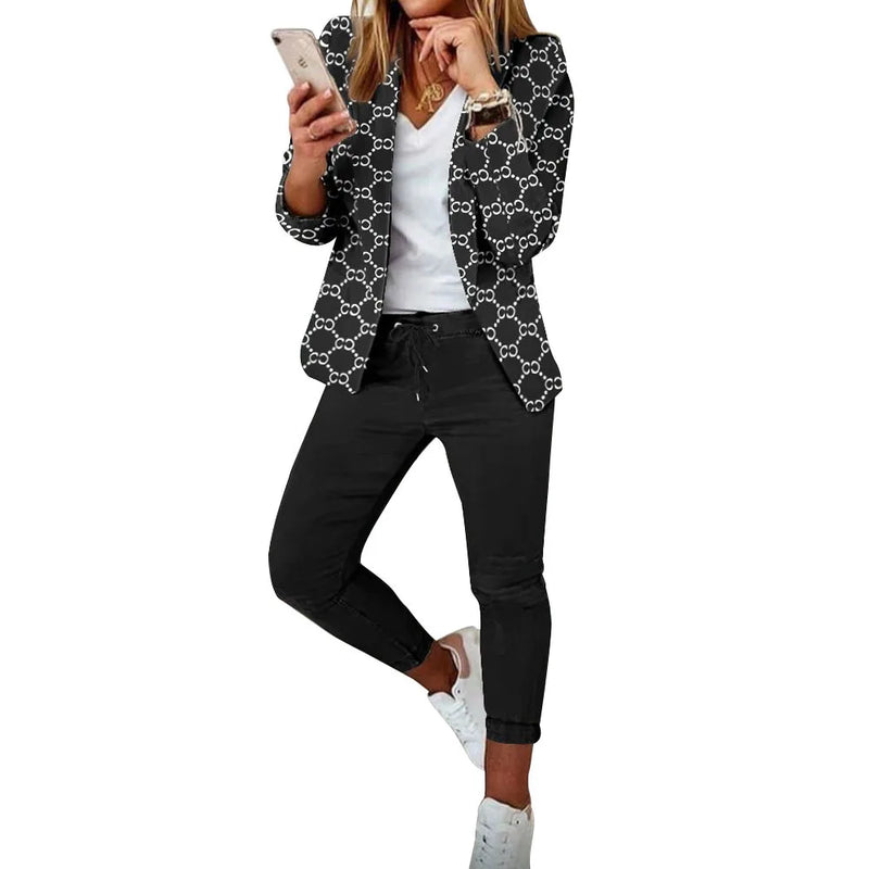 Two Piece Sets Women Pant Set Print Full Sleeve Blazers Coats Open Stitch Slim Fit Solid Long Pants Splice Office Ladies