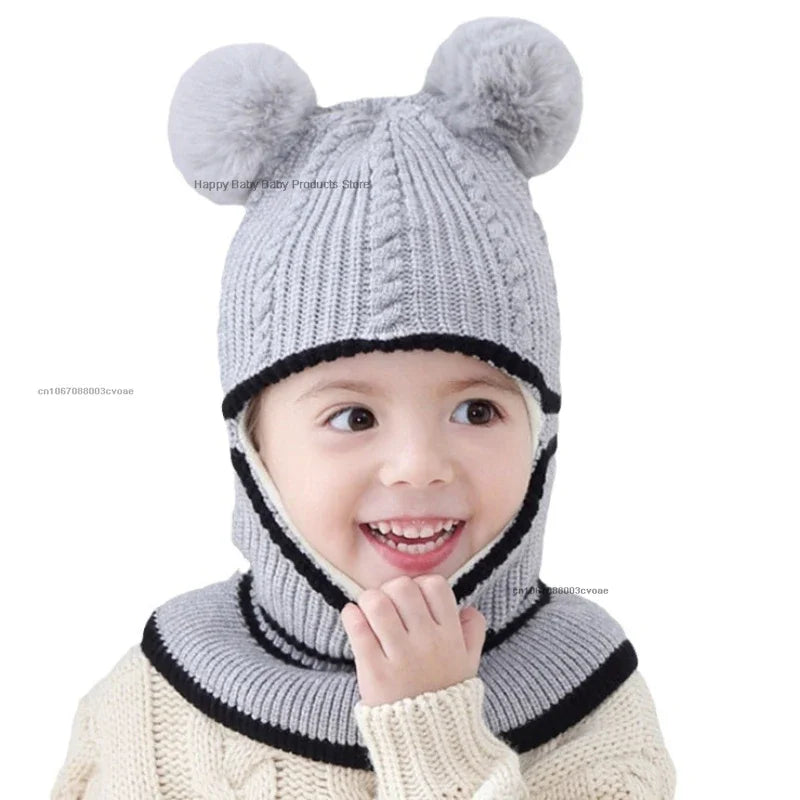 Gorro de invierno para bebé de 2 a 5 años, bufanda, gorro de punto con pompón de una pieza para niños, gorro cálido para el cuello para niñas y niños, gorros a prueba de viento, gorro para bebé