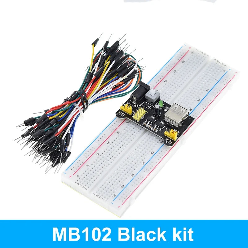 Módulo de alimentación de placa de pruebas MB102 de 3,3 V/5 V + 65 cables puente + prototipo de placa de pruebas MB-102 de 830 puntos para kit Arduino