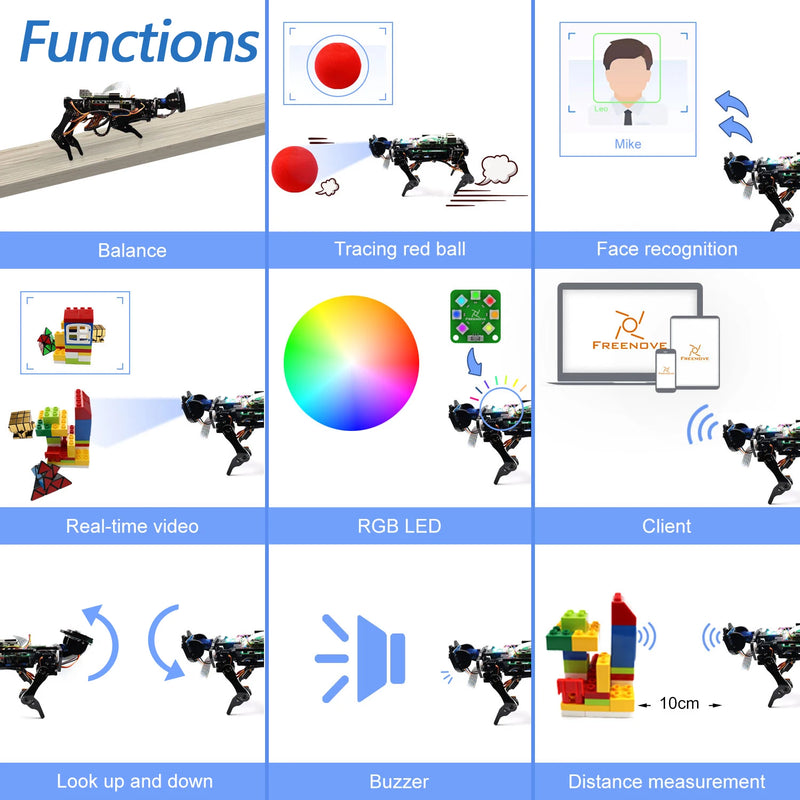 Freenove Robot Dog Kit for Raspberry Pi 5 4 B 3 B+ B A+, Walking, Self Balancing, Ball Tracing, Face Recognition, Ultrasonic