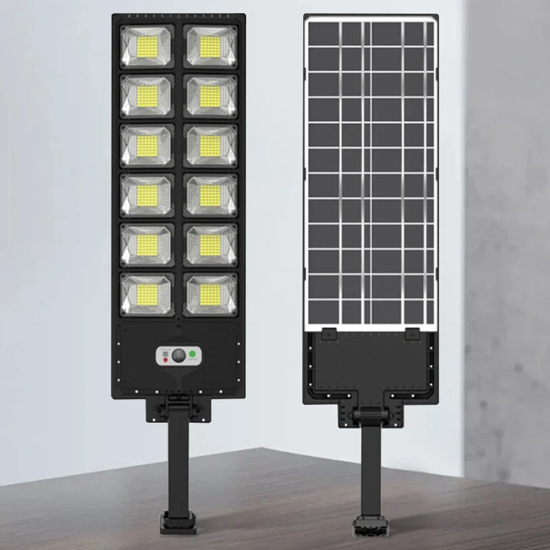 Luces solares potentes para exteriores de 12 cabezales, 504 LED, 3 modos, lámparas de panel solar, control remoto, lámpara de calle para jardín a prueba de agua