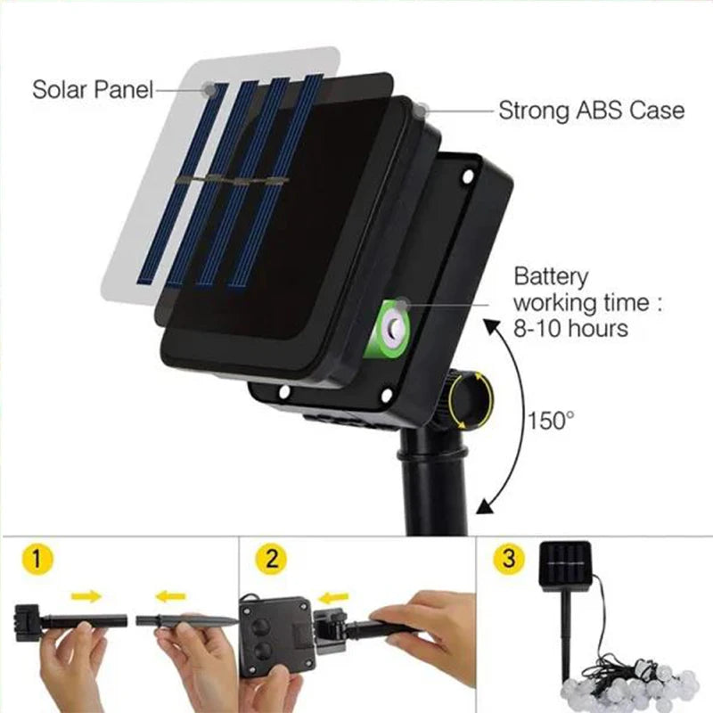 Guirnalda de luces solares para exteriores, guirnalda de luces de cristal para Navidad, 8 modos, resistente al agua, para patio, decoración de fiestas en el jardín