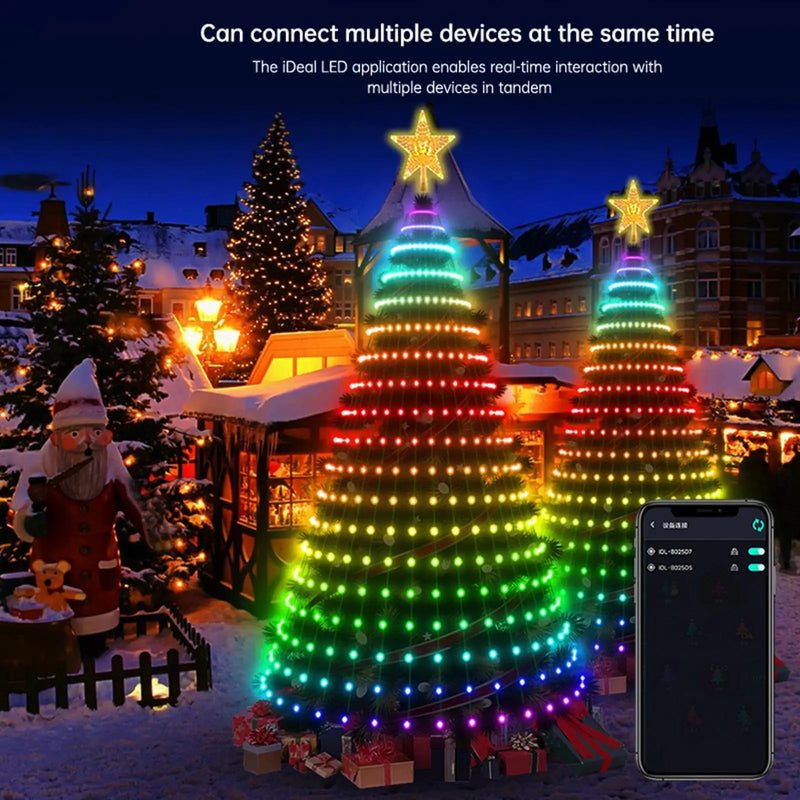 Smart RGB LED Christmas Tree Lights Fairy LED Star Strings Waterfall APP Bluetooth Yard Holiday Music Rhythm Lights RGB LED Xmas