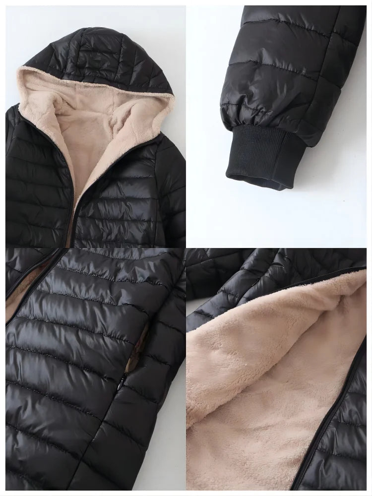 Chaqueta de mujer de invierno nueva de longitud media edición coreana con capucha y ajuste extragrande de algodón polar, parkas cálidas de lana de cordero, chaquetas de invierno