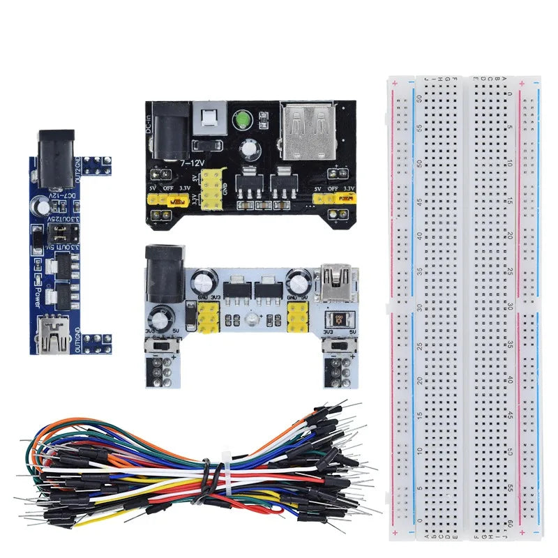 Módulo de alimentación de placa de pruebas MB102 de 3,3 V/5 V + 65 cables puente + prototipo de placa de pruebas MB-102 de 830 puntos para kit Arduino