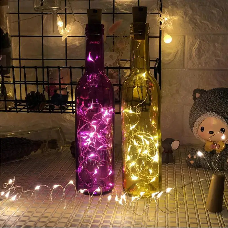 1 guirnalda de luces LED de 1 m y 2 m con alambre de cobre y plata, tapón de botella para decoración de bodas, manualidades de vidrio y Navidad