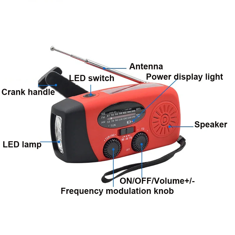 Radio de emergencia multiusos con manivela, solar, recargable por USB, portátil, radio FM, linterna con cargador de baterías para teléfono inteligente