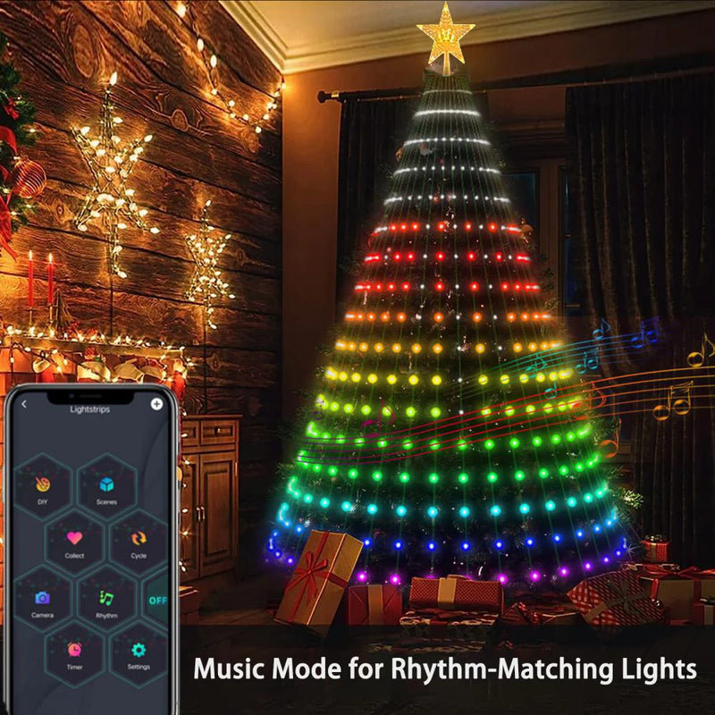 Smart RGB LED Christmas Tree Lights Fairy LED Star Strings Waterfall APP Bluetooth Yard Holiday Music Rhythm Lights RGB LED Xmas