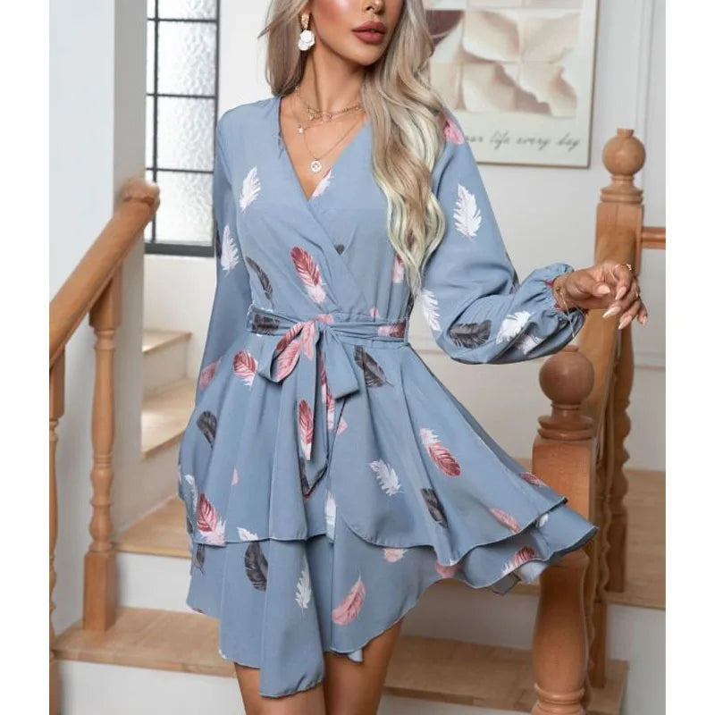 2023 New Autumn Fashion Feather Print Multi Layered Bottom V-Neck Long Sleeve Temperament Commuter Women's Ruffle Lace Up Dress