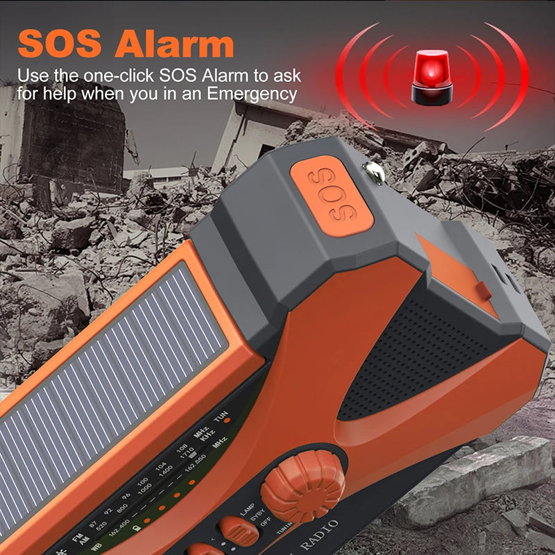 Radio multifuncional de 10000 mAh con manivela y carga solar por USB, radio meteorológica FM, AM, WB, NOAA, linterna LED de emergencia