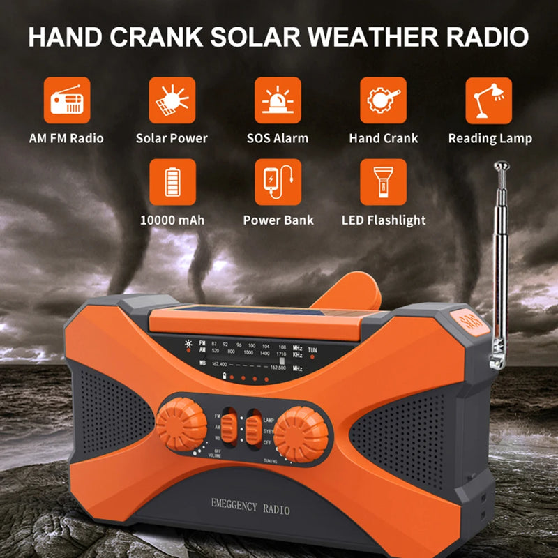 Radio multifuncional de 10000 mAh con manivela y carga solar por USB, radio meteorológica FM, AM, WB, NOAA, linterna LED de emergencia