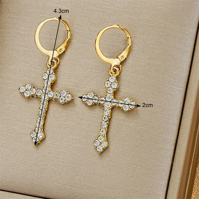 Nuevos pendientes colgantes de cruz de circonita con diamantes de imitación para mujer, pendientes de aro colgantes de moda coreana, regalos de joyería para fiestas de cumpleaños