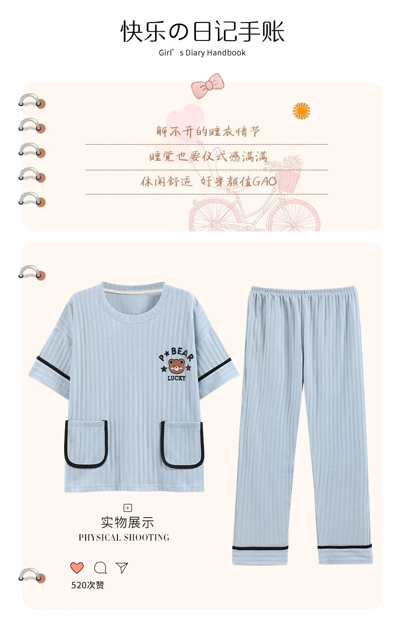 Big Size 5XL Pajama Sets Short Sleeved Cartoon Bear Knitted Pjs Plaid Sleepwear Elegant Women's Pajamas Lounge Home Pijama Mujer