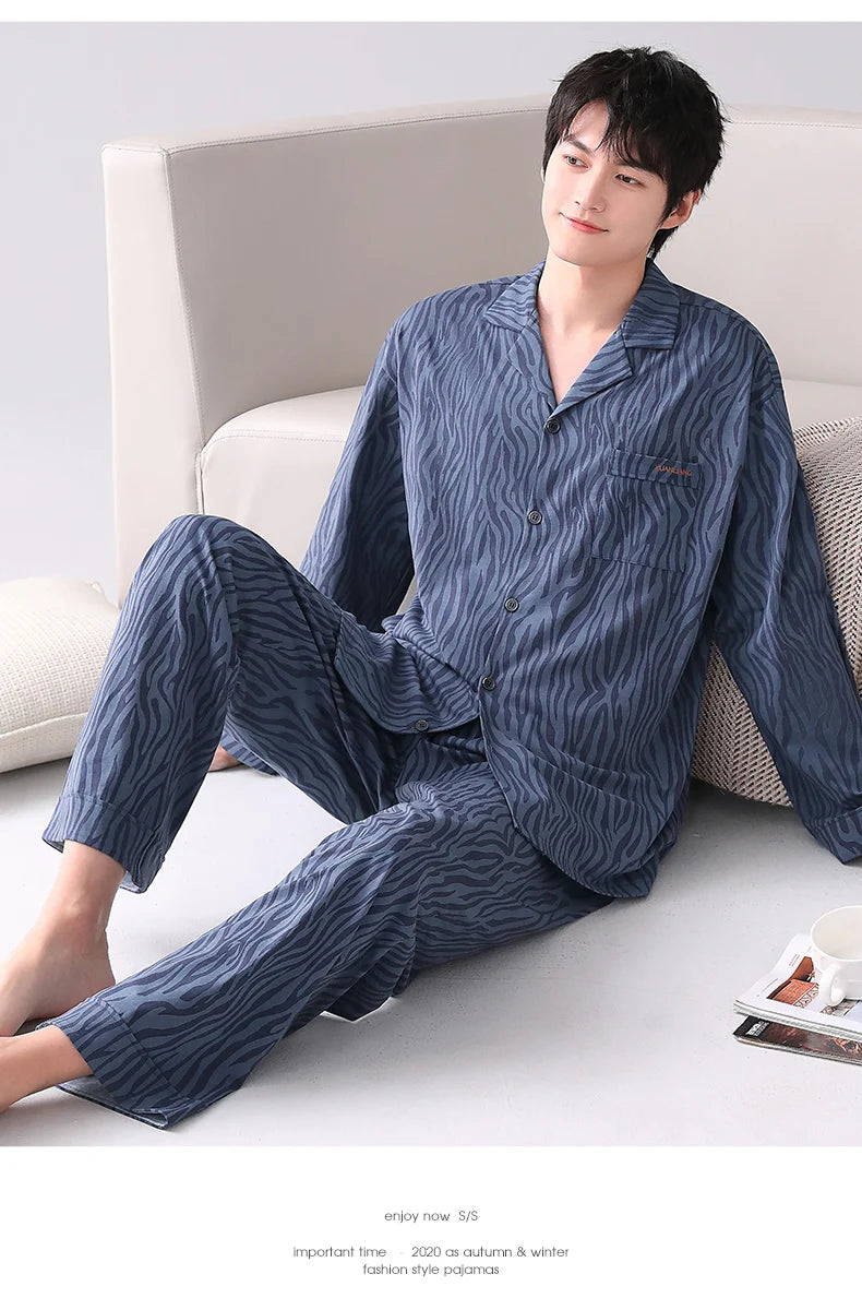 Conjuntos de pijamas para hombre, pijamas de algodón, cárdigan con botones para hombre, ropa de dormir, ropa de dormir de manga larga, chándal informal estampado, pijama para hombre