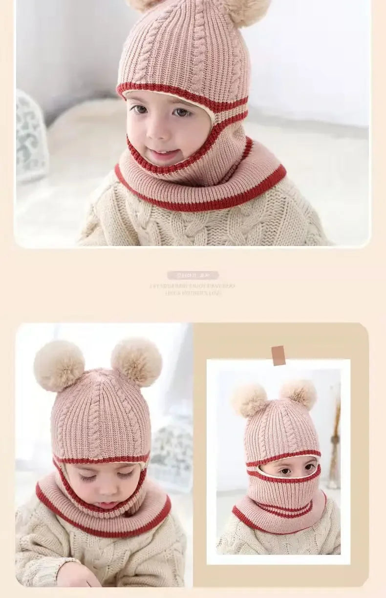 Gorro de invierno para bebé de 2 a 5 años, bufanda, gorro de punto con pompón de una pieza para niños, gorro cálido para el cuello para niñas y niños, gorros a prueba de viento, gorro para bebé