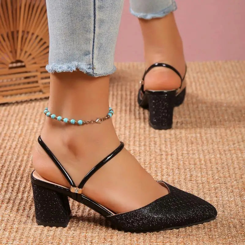 Zapatos de tacón alto con adornos dorados y plateados para mujer, zapatos de fiesta a la moda con tiras en la espalda, sin cordones, con punta en pico y tacón grueso