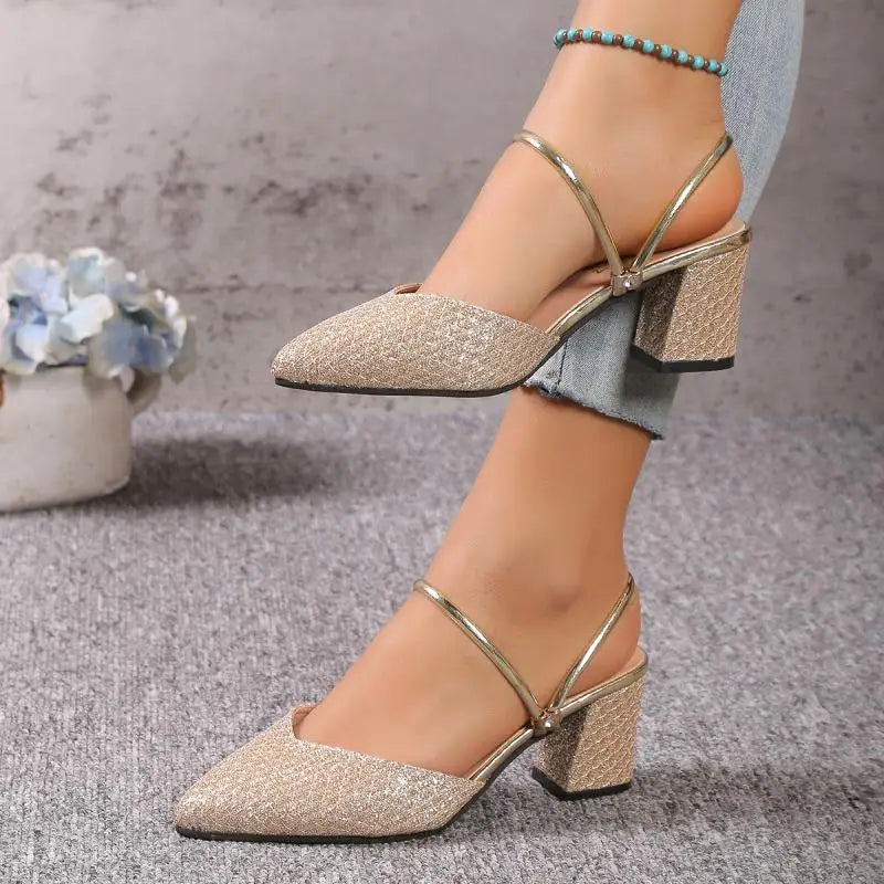 Gold Silver Bling High Heel Pumps Women Fashion Back Strap Slip-On Party Shoes Woman Pointed Toe Slingbacks Thick-Heeled Shoes