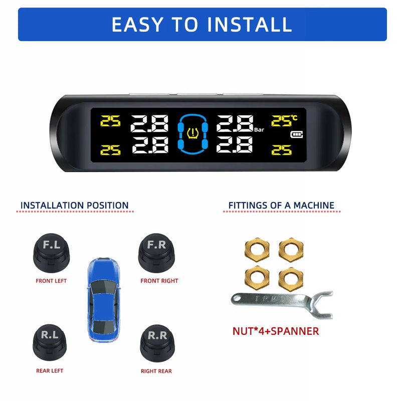 Sistema de monitoreo de presión de neumáticos TPMS con 4 sensores para automóvil, pantalla de advertencia inteligente solar, para automóviles, SUV, MPV