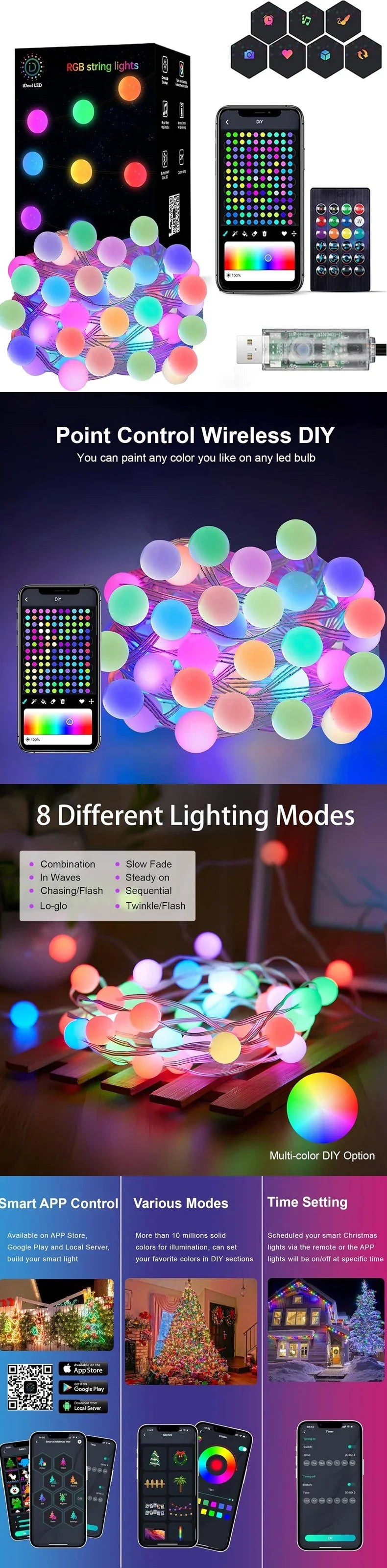 Smart LED Lighting Strings Bluetooth APP Remote Control RGBIC Fairy Lights Waterproof USB Dream Color Light DIY Christmas Tree