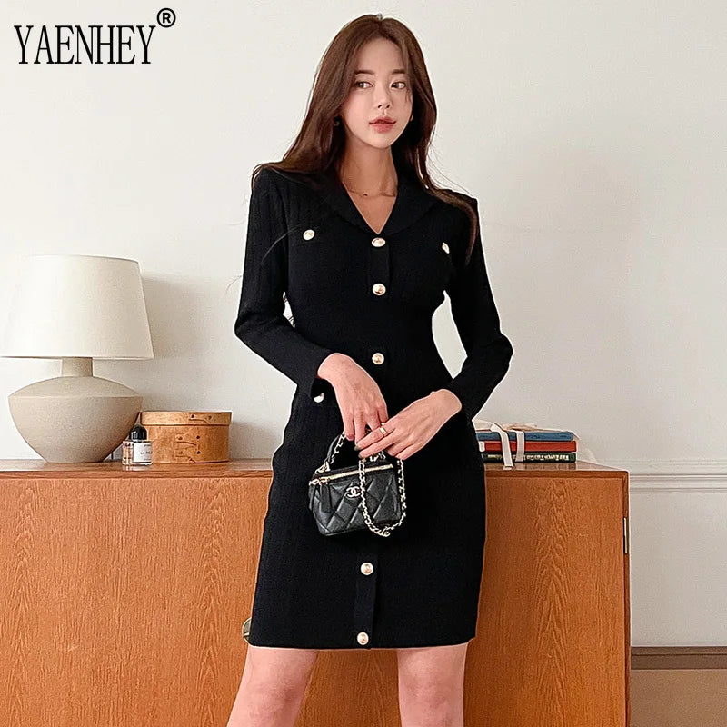 Black Elegant Knitting Bodycon Mini Dress Women Sexy V Neck Slim Long Sleeve Button Wrap Hip Short Dress Korea Chic Autumn 2023