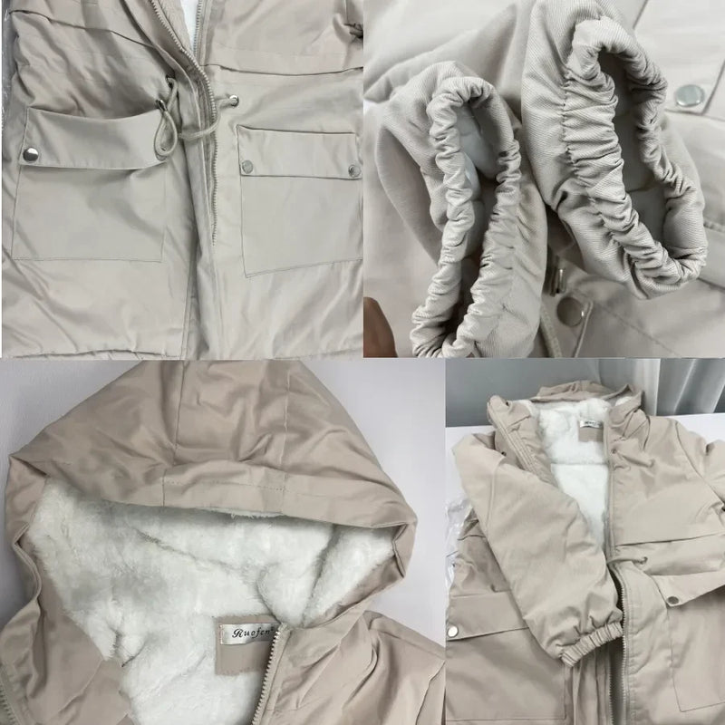 Abrigo de invierno de longitud media con capucha y forro polar para mujer, parka cálida, ropa de abrigo gruesa, chaquetas informales holgadas, gabardina, ropa de nieve, cortavientos