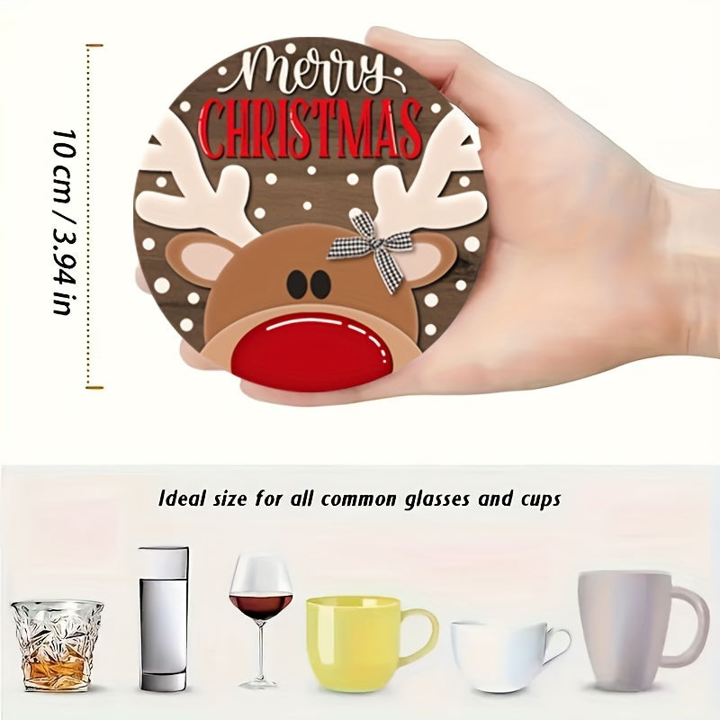 6pcs Set of Charming Christmas Style Wooden Coasters - Round, Heat Resistant and Non-Slip Drink Mats, Suitable for Home Decoration and Party - Perfect Gift Idea, Christmas Theme Home Decoration